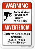 SmartSign 10 x 7 inch “Warning - Audio & Video Surveillance On Duty At All Times” Bilingual Sticker Label, 3 mil Laminated Adhesive Polyester, Red, Black and White, Made in USA