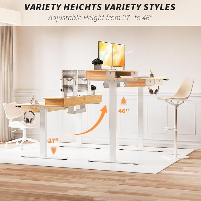 Kingant 48 x 30 Inch Electric Standing Desk with 4 Drawers, Adjustable Height Computer Desk for Home Office, Large Workstation Sit Stand Up Desk with Built-in USB A/C Charging Ports, Nature