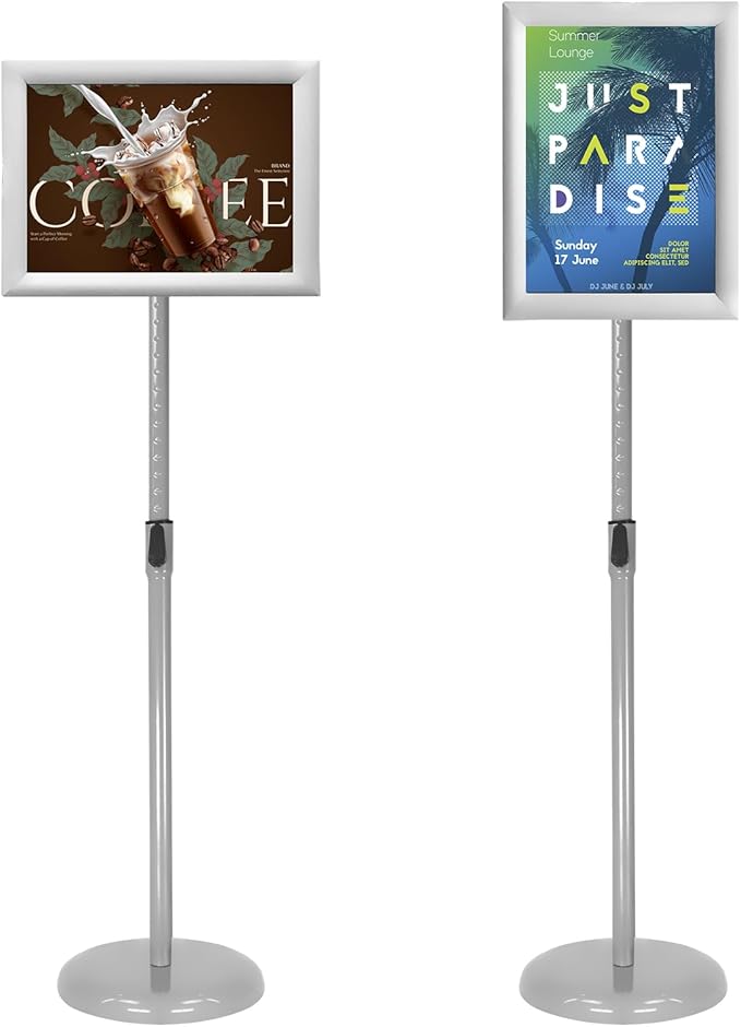 Adjustable Poster Stand Holder Heavy Duty Snap Open Aluminum Pedestal Floor Standing Sign Holder Vertical and Horizontal View Sign Displayed (Silver, 8.5x11inches)