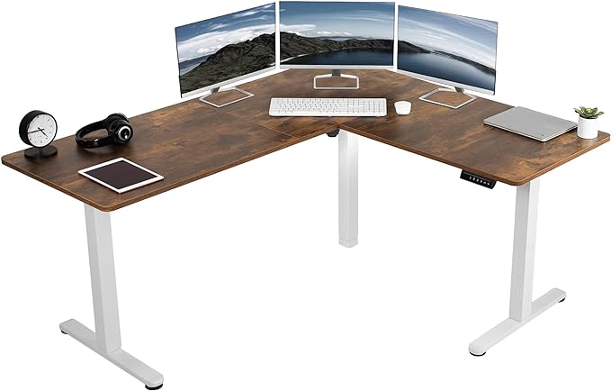 VIVO Electric Corner 63 x 55 inch L-Shaped Standing Desk, Memory Height Adjustment, Rustic Vintage Brown Top White Frame, DESK-E3CTWN