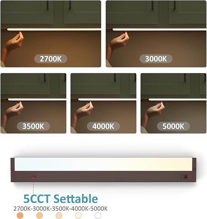 Leetdud LED Under Cabinet Lighting Hardwired or Plug in, 12 Inch 6W, Dimmable 5 Color 2700K/3000K/3500K/4000K/5000K, Linkable Eyes Care Design Counter Lights for Kitchen, Sink, ETL Listed, Bronze