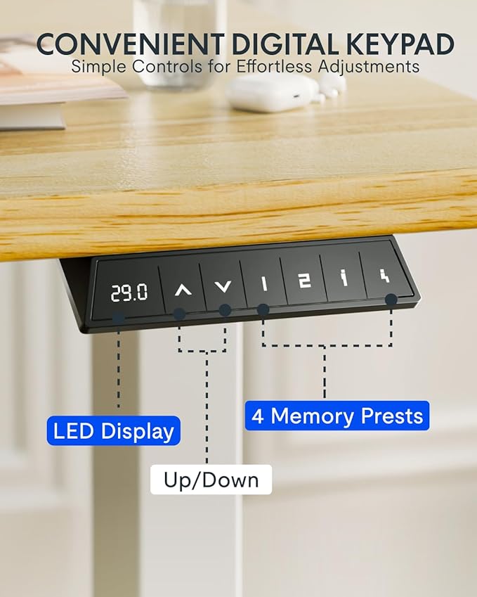FLEXISPOT EN1 One-Piece Solid Wooden Standing Desk 48 x 24 Inches Height Adjustable Electric Sit Stand Home Office Desks (Black Frame + Rubber Wood Top, 2 Packages)