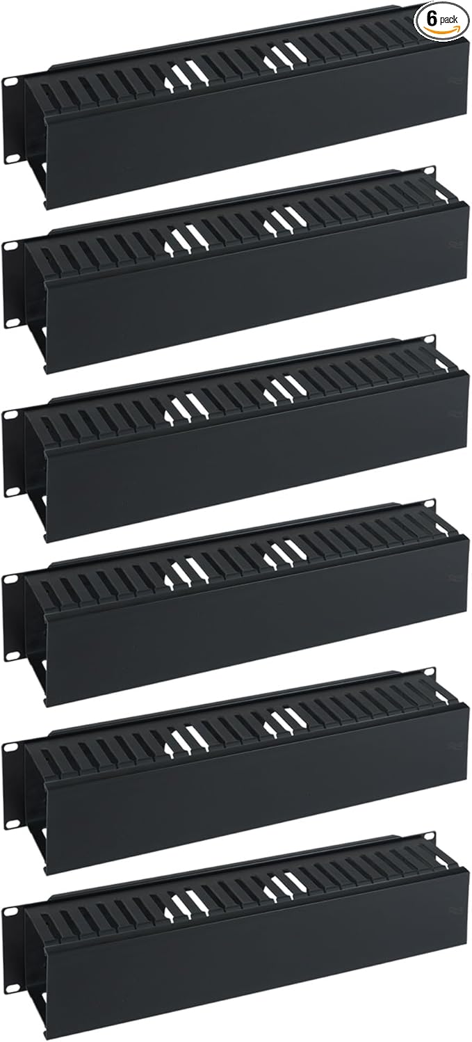 ICC 2U Finger Duct Cable Manager Panel with Cover, Plastic with Metal Back Frame, 3" Depth, Horizontal Cable Management, Rackmount for 19” Network Racks, Black, 6-Pack