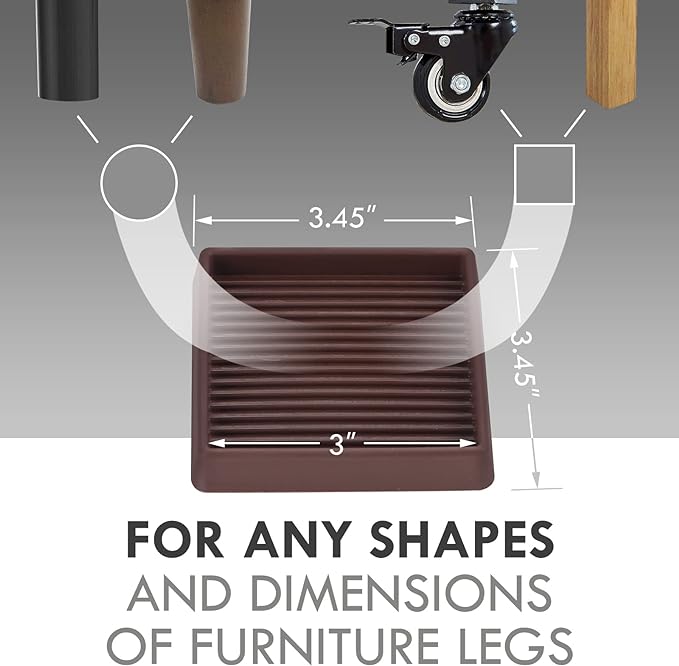 VOCOMO 3X3 Rubber Caster Cups, Non Slip Furniture Pads, Anti-Slip Furniture Gripper, Anti Skid Furnitures Feet, Anti Slide Floor Protector for Bed Couch Stoppers (Brown, 4 Pack)