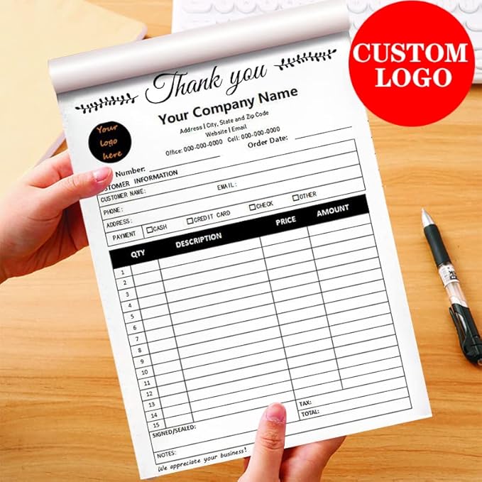 Custom Carbonless Sales Invoice Form Books for Small Business, Personalized NCR 2-Part Receipt Book with Carbon Copies, Cover Add Company Name, Address and Number Printed