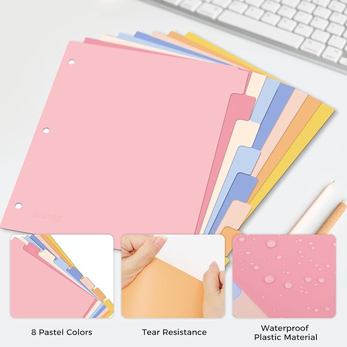 SUNEE 8 Tab Binder Dividers,Plastic Dividers for 3 Ring Binder,3 Ring Binder Dividers with Tabs for School Office Home Supplies,Pastel Color, 1 Set