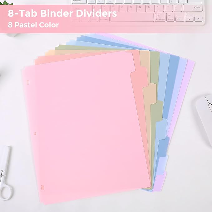 SKYDUE Durable Plastic 8-Tab Dividers, 3sets, Big Tab Dividers for 3 Ring Binder, Write&Erase 3 Ring Binder Dividers with Tabs,with Sticker Labels, Pink