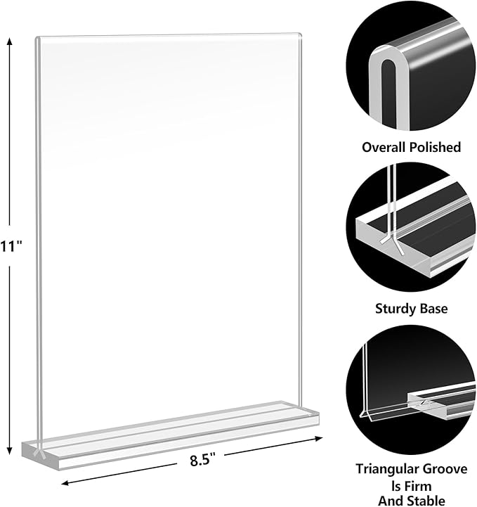 Enayplon Acrylic Sign Holder 8.5 x 11, Double Sided Sign Holder Stand, Plastic 10 Pack Table Paper Stand, Vertical Menu Flyer Stand, T Shape Table Flyer Holder