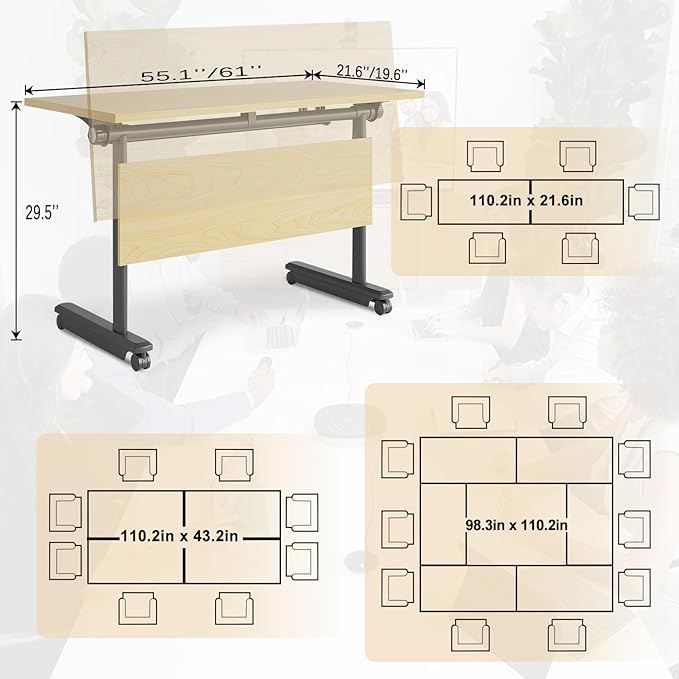 JEHUJD Conference Table,55.1''Folding Conference Room Table for 4-12 People,Mobile Flip Top MeetingTraining Table with Different Coulor and Styles for Offices, Classrooms,Meeting Room (2, 61''G)