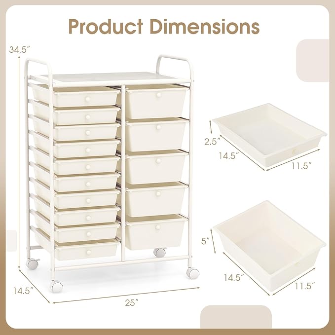 HAPPYGRILL 15-Drawer Rolling Cart, Storage Carts with Removable Drawers & Steel Frame, Utility Cart on Lockable Wheels for Home, School, Office (Ivory)