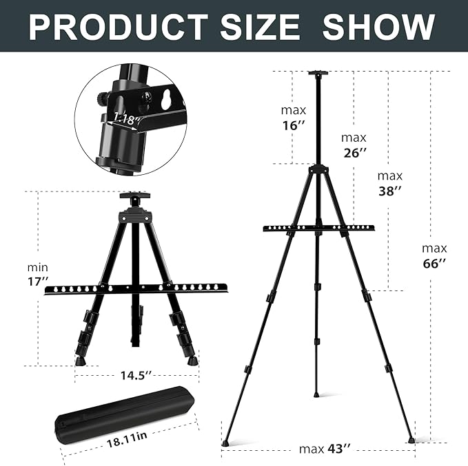 AROIC 8 Pack Painting Display Easel Stand Portable Adjustable Metal Tripod Artist Canvases Height from17to66Inch Extra Sturdy forTable-Top/Floor Painting, Drawingand Displaying,Black with8Storage Bag