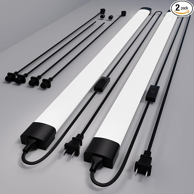 Modlicht Plug in Ceiling Light 4FT 2PCS, Linkable LED Garage Ceiling Light Fixtures 5000K, Bright Lightweight Overhead Light with Cord for Workbench Basement Kitchen Bedroom Factory, Black, 36W