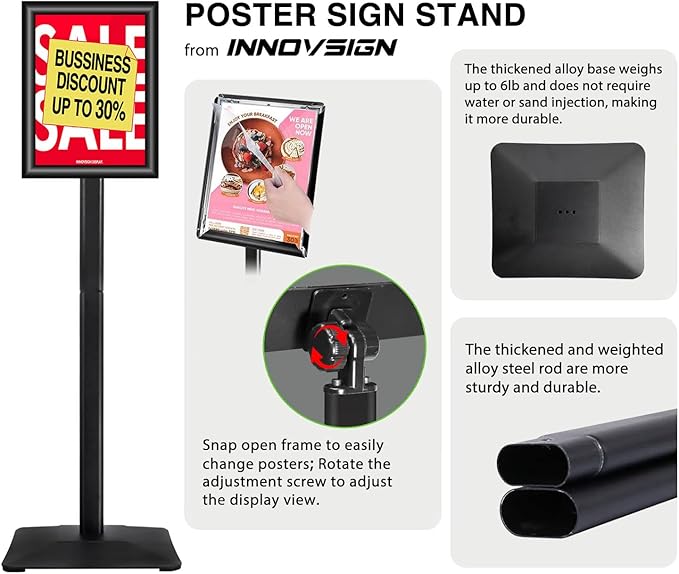 INNOVSIGN Heavy Duty Adjustable Pedestal Poster Sign Stand, 11x17 Aluminum Open Floor Standing Sign Holder for Vertical and Horizontal View Display, Black