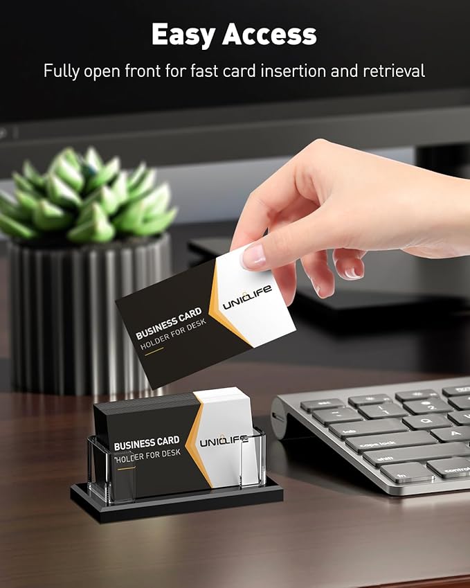 Uniclife Acrylic Business Card Holder for Desk 1 Slot Clear Horizontal Business Card Stand for Men & Women Desktop Name Card Display Stand Card Organizer for Office Home Exhibition, 60 Card Capacity