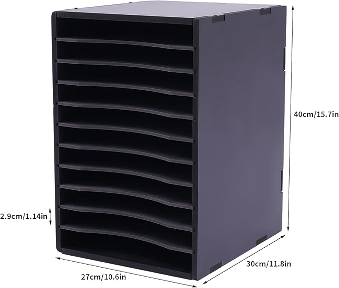 GUEYYSAN Vertical File Storage Rack, 11-Compartment Desktop Sorter Documents Box with Removable Shelves for Studios Office (Black)