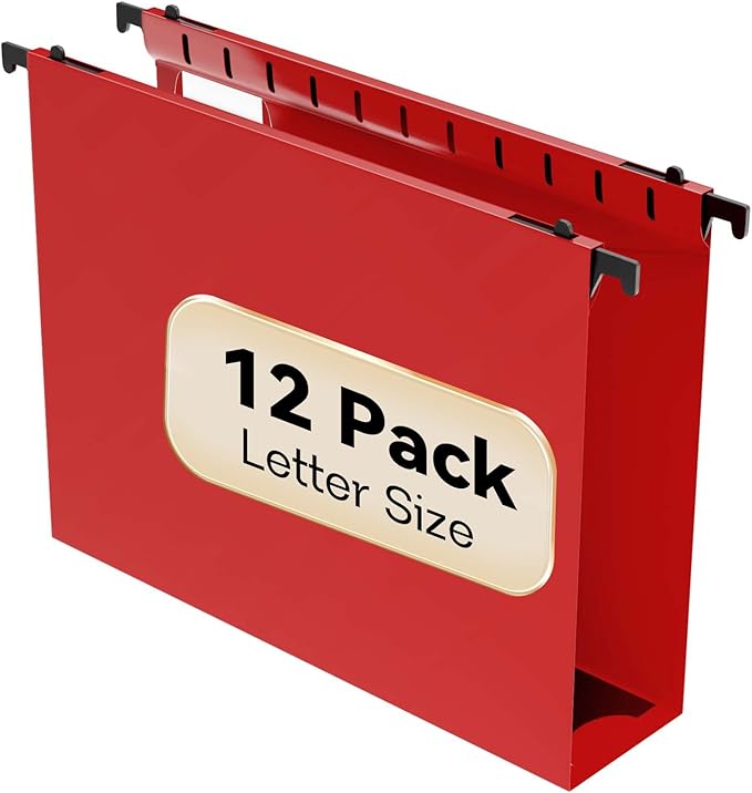 Nordun Plastic Hanging File Folder Extra Capacity,12 Pack Reinforced Hang Folders with Heavy Duty 2 Inch Expansion,Filing Cabinet Folders Letter Size,Hanging Organizer Designed for Bulky Files(Red)