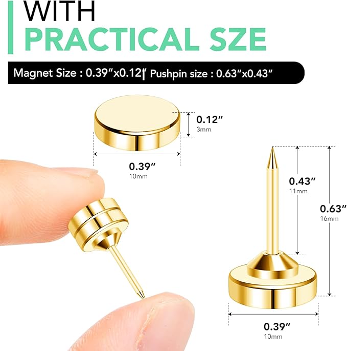 E BAVITE 20 Set Magnetic Push Pins,Flat Push Pin, Magnetic Thumb Tacks for Wall Bulletin Board Poster and Photo Hangers (Gold)