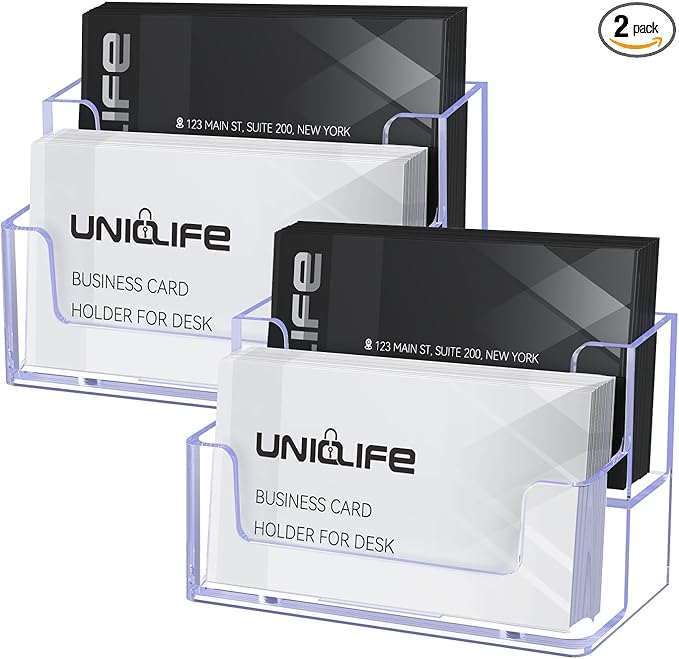 Uniclife 2 Pack Acrylic Business Card Holder for Desk 2 Slots Clear Business Card Display Stand for Men & Women Desktop Business Card Organizer Card Stand for Office Home Exhibition, 120 Card Capacity