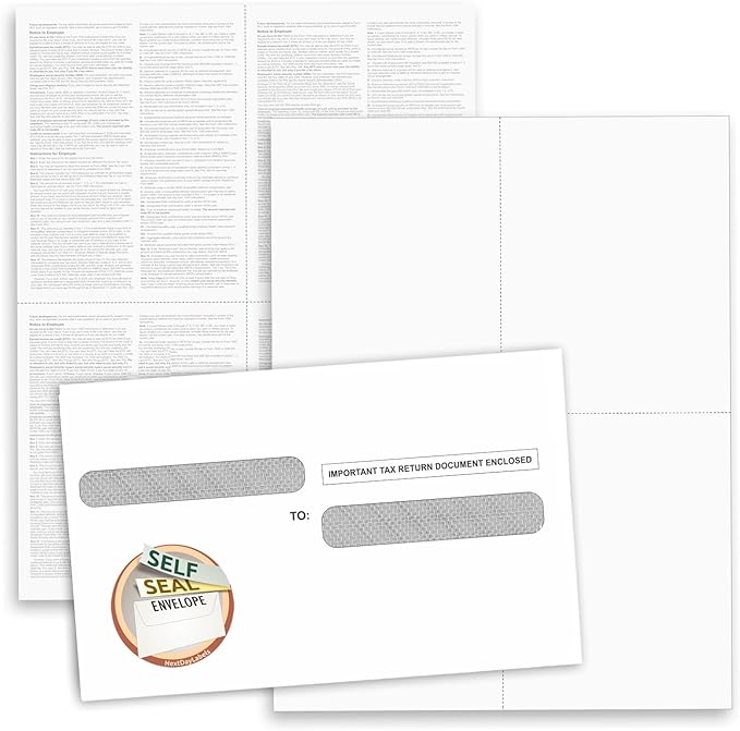 NextDayLabels - W-2 4-Up Employee Tax Forms, Instructions on Back" for 2025, for Laser/Inkjet Printer. Compatible with QuickBooks and Accounting Software ETC. (Pack of 50 Sheets & Self Seal Envelopes)