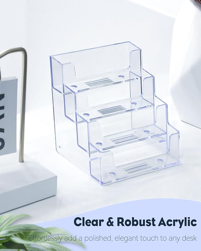 Uniclife 4 Pack Acrylic Business Card Holder for Desk 4 Slots Clear Business Card Display Stand for Men & Women Desktop Business Card Organizer Card Stand for Office Home Exhibition, 240 Card Capacity