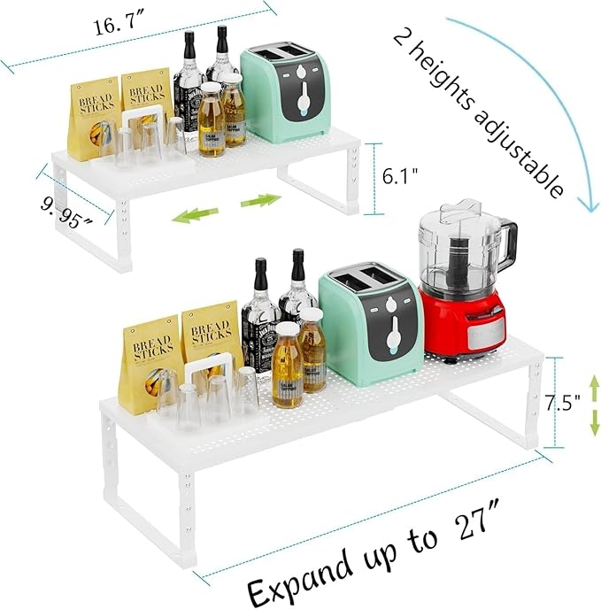 Jojocross Expandable Cabinet Shelf Organizer Storage Spice Rack Shelves for Kitchen Stackable Adjustable Pantry Cupboard Bathroom Countertop Desktop(2Packs/White/Large-with Hole)