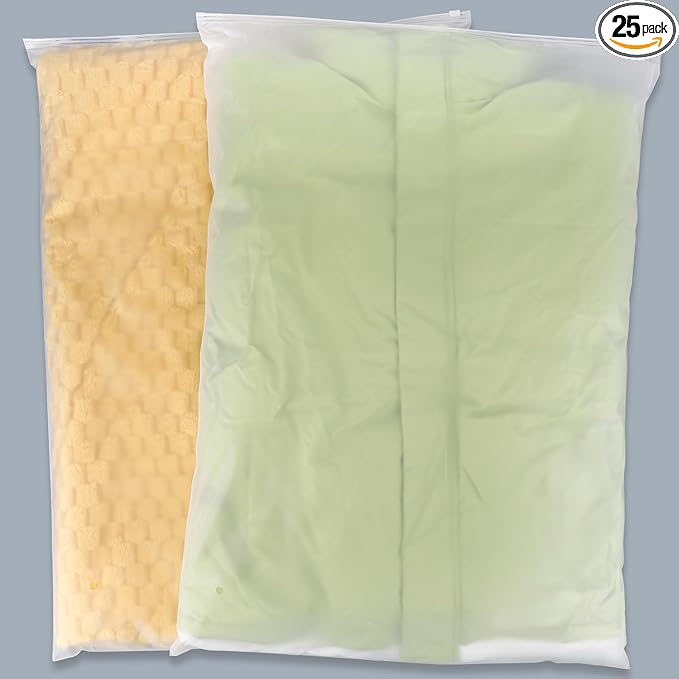 Svaldo Clothing Bags, 25 Count 20x28 inch Jumbo Extra Large Frosted Zipper Plastic Bags for Clothes, Sweater Dress, Backpack, Blanket, T Shirt Packaging Shipping, 3 Mil, with Vent Holes