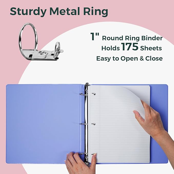 POPRUN 3 Ring Binder 1 Inch, PVC-Free, Holds 175 Sheets of 8.5 x 11 Paper, Extra Durable Organizer with 2 Pockets for School & Office, Heavy-Duty, 1 Pack, White