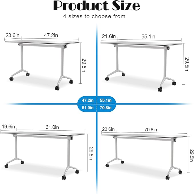 Conference Table Flip Top Mobile Conference Room Tables,Folding Conference Table with Wheels,Large Meeting Training Seminar Table Saving Space for Office Classroom (8, White, 47.2'')