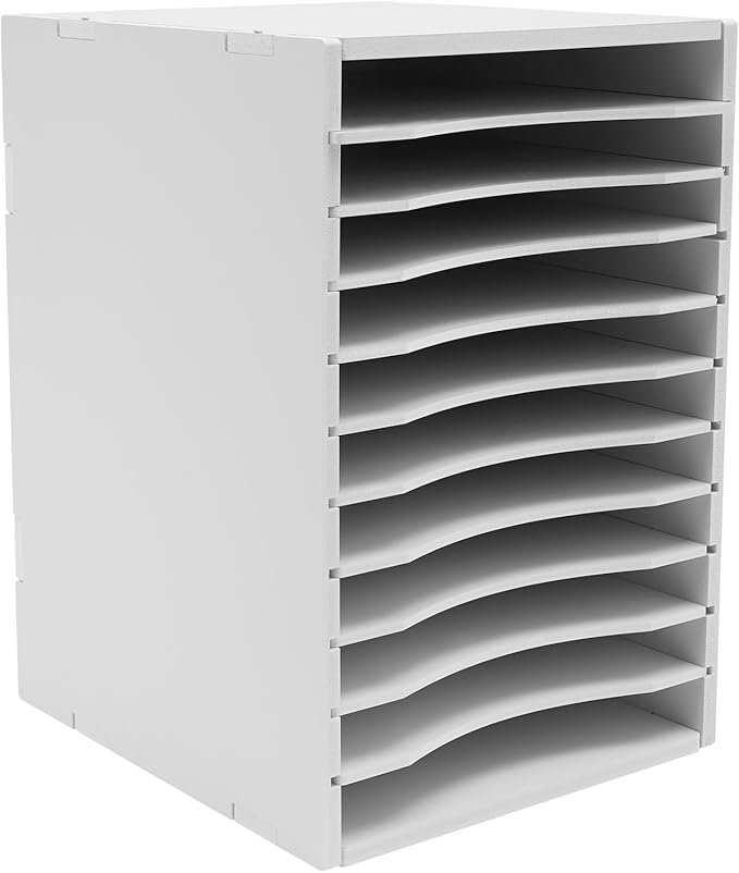 GUEYYSAN Vertical File Storage Rack, 11-Compartment Desktop Sorter Documents Box with Removable Shelves for Studios Office (White)