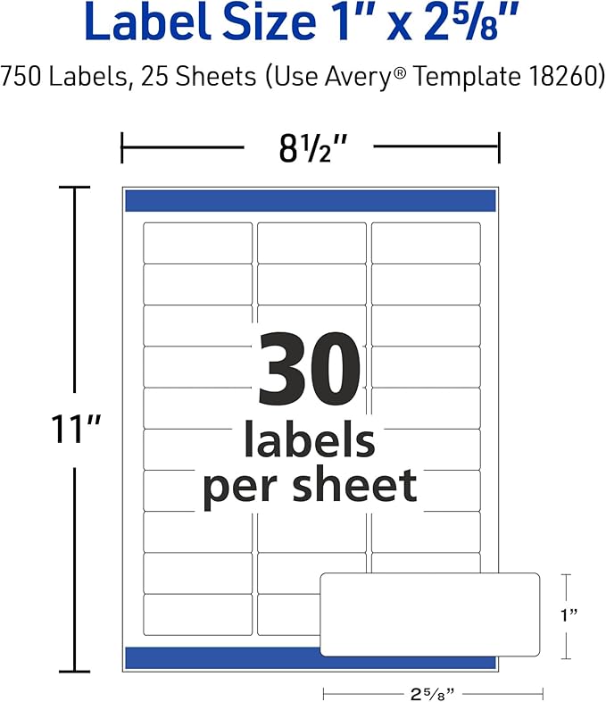 Avery Easy Peel Printable Address Labels with Sure Feed, 1" x 2-5/8" Customizable Stickers, White, 750 Blank Mailing Labels, Great for Mailing, Shipping, and More (18260)