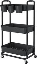JIUYOTREE 3-Tier Plastic Rolling Storage Cart Utility Cart with Extra Hanging Cups Handles Lockable Wheels for Living Room Bathroom Kitchen Office Black