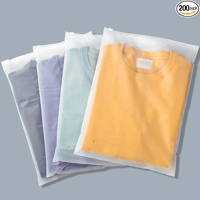 Svaldo Frosted Poly Plastic Bags - 200 Pack 14x16" Storage Clothes Zipper Packaging Bags, 3 Mil Clear Thick Ziplock for T-Shirts, Garment Packaging, Shipping, Mailing, Travel, Closet Organizer