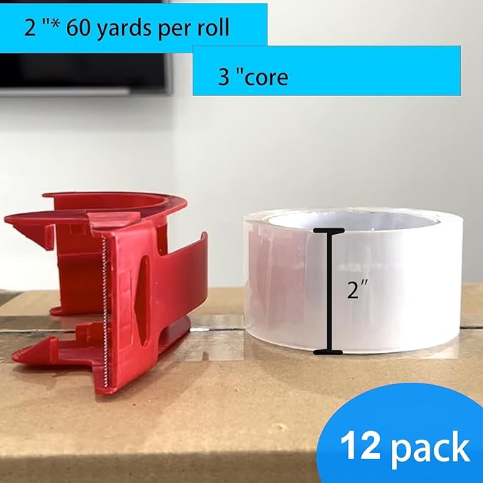 WELSTIK 12 Pack Clear Packing Tape Refills with 1 Dispenser, Heavy Duty Packaging Tape for Shipping and Moving, 2.4Mil 2 Inch x 60 Yard