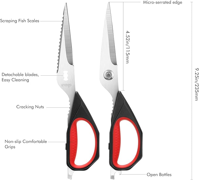 LIVINGO Kitchen Scissors, 2 Pack 9.25" Utility All Purpose Poultry Shears Heavy Duty Dishwasher Safe, Come Apart Sharp Stainless Steel Cooking Food Scissors for Cutting Meat, Chicken, Vegetable, Fish