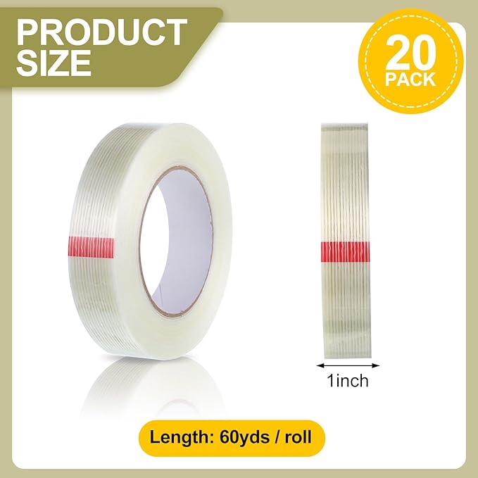 Treela 20 Rolls 1 Inch x 60 Yards Filament Strapping Tape Transparent Reinforced Fiberglass 5.5 Mil Heavy Duty Packing Shipping Tape for Sealing Binding Fixing