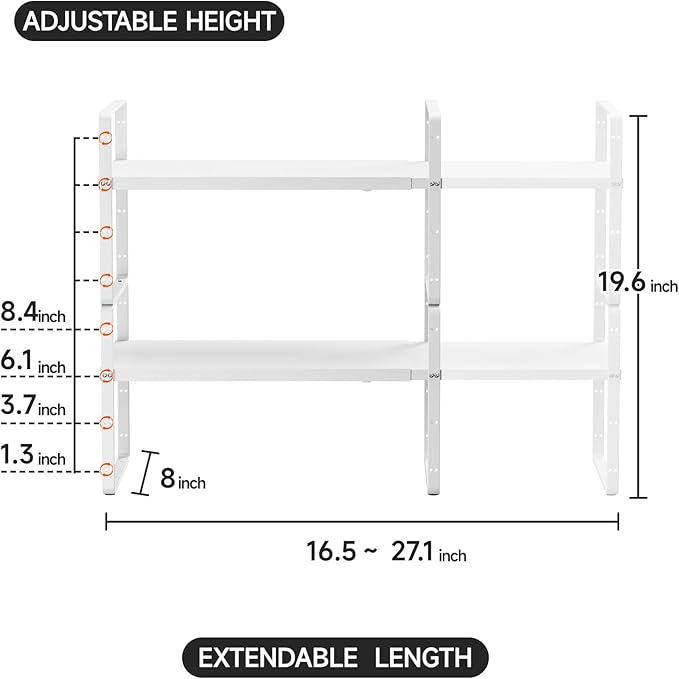 jkxoo 2Pack 16.5-27’’L Expandable Cabinet Shelf Organizers, Stackable Metal Shelves Extender for Kitchen Countertop Storage, Adjustable Spices Shelves Rack Stand for Cupboard Pantry, White