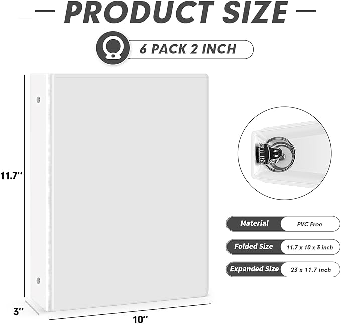 3 Ring Binder 2 Inch, PANDRI 6 Pack 2-Inch Binder Fits Letter Size 8.5'' x 11'' Paper, Versatile Binders for Office Home School, 2 Pockets, White