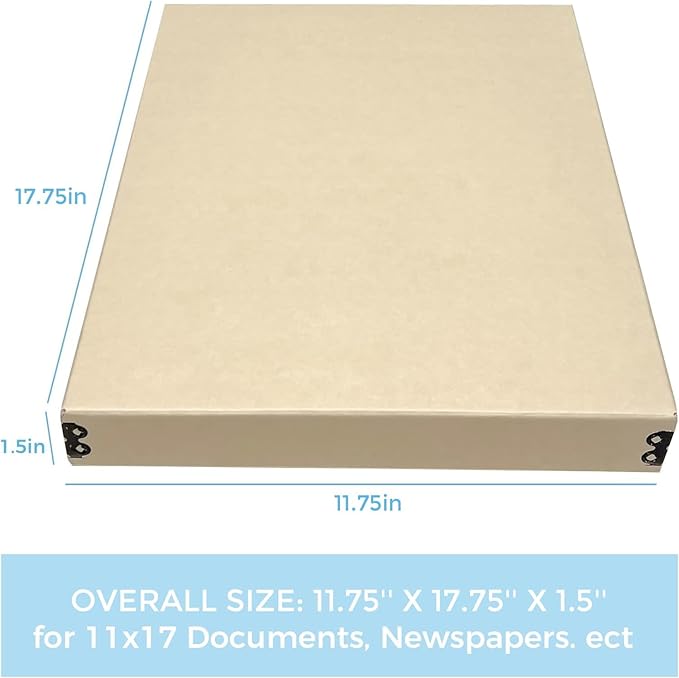 Lineco Museum Archival Storage Box, 11.75x17.75x1.5 in. Drop Front Design. Acid-Free with Metal Edge. Organize Photos, Pictures, Prints, Documents, Crafts, DIY. Tan, 1 Pack