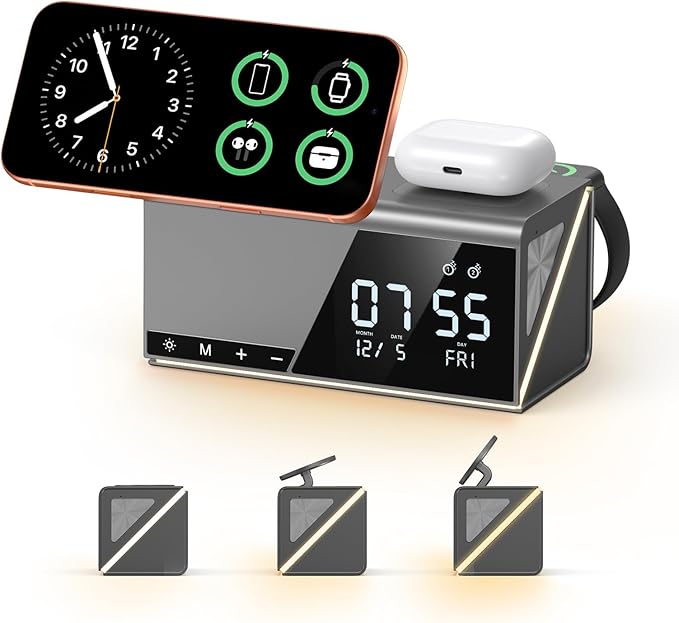 4URPC 6-in-1 Alarm Clock Wireless Charging Station for Apple Multiple Devices,MagSafe Charging Dock for iPhone 17/16/15/14/13 Series, Apple Watch, AirPods,Wireless Charger with Night Light/Alarm Clock