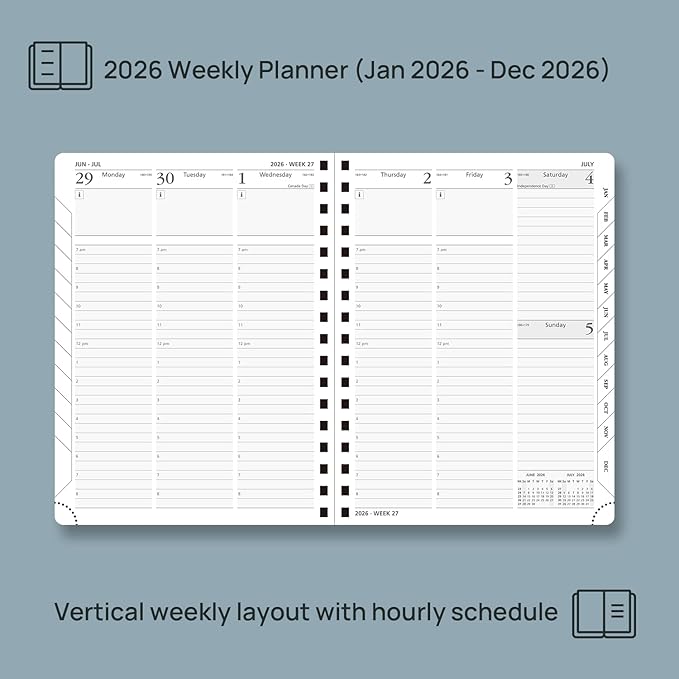 POPRUN 2026 Planner (Medium - 6.5'' x 8.5'') with Hourly Schedule, Vertical Layout - 2026 Weekly Calendar (Jan. 2026 - Dec.2026) for Time Management, Monthly Tabs, Spiral Bound, Soft Cover - Blue Green