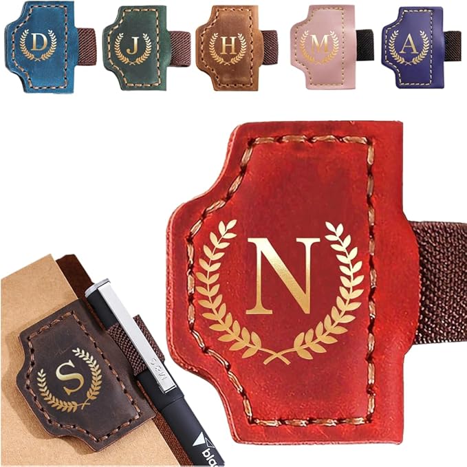 Personalized Mark Bookmark with Pen Holder, Leather Magnetic Book Marker 26 Letters,Custom Initials Page Marks, Gifts for Book Lovers Readers Men Women (Red, N)