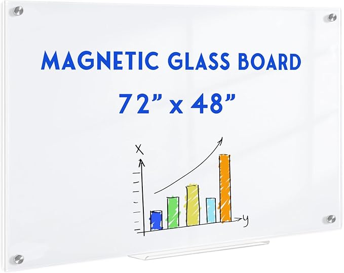 Magnetic Glass Whiteboard, 6' x 4' Glass Dry Erase Board for Wall, 72" x 48" Large Frameless White Board with 1 Marker Tray and 10 Magnets for Office, Home, Classroom - Ultra White