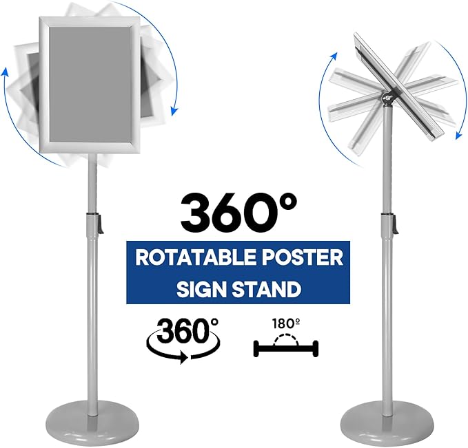 Adjustable Poster Stand Holder Heavy Duty Snap Open Aluminum Pedestal Floor Standing Sign Holder Vertical and Horizontal View Sign Displayed (Silver, 8.5x11inches)