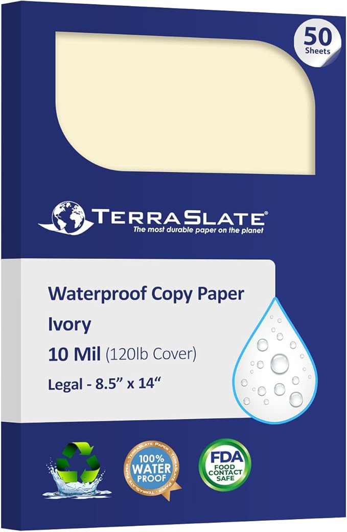 TerraSlate Waterproof Paper, Rip-Proof Colored Paper, Ivory, 50 Sheets, 10 Mil (120 lb Cover), 8.5” x 14”, Laser Printer and Copy Machine Compatible