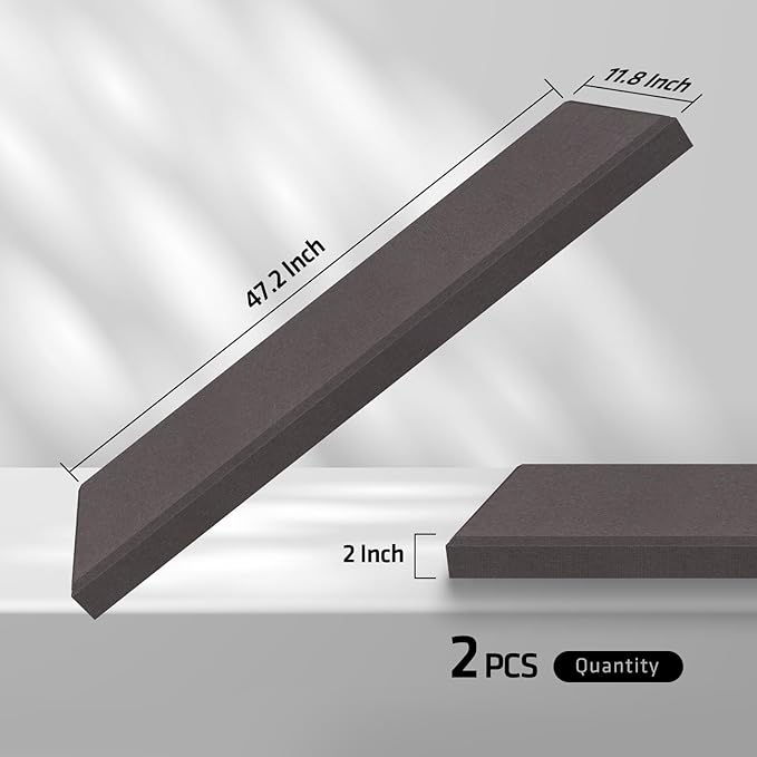 2” Thick Acoustic Panels with Hanging Brackets to the Wall, 2 PCS 47.2” x 11.8” Fiberglass Sound Absorbing Panels for Home Theater Church Office Wall or Ceiling, Mud Grey