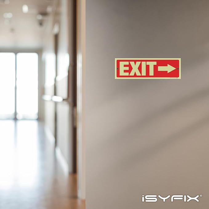 iSYFIX Exit Signs with Directional Right Arrow - 2 Pack 12x4 Inch Glow in the Dark for Business, School, Office, Warehouse - Durable 40 Mil Polystyrene, UV Laminated, Waterproof, Scratch & Fade Resistant