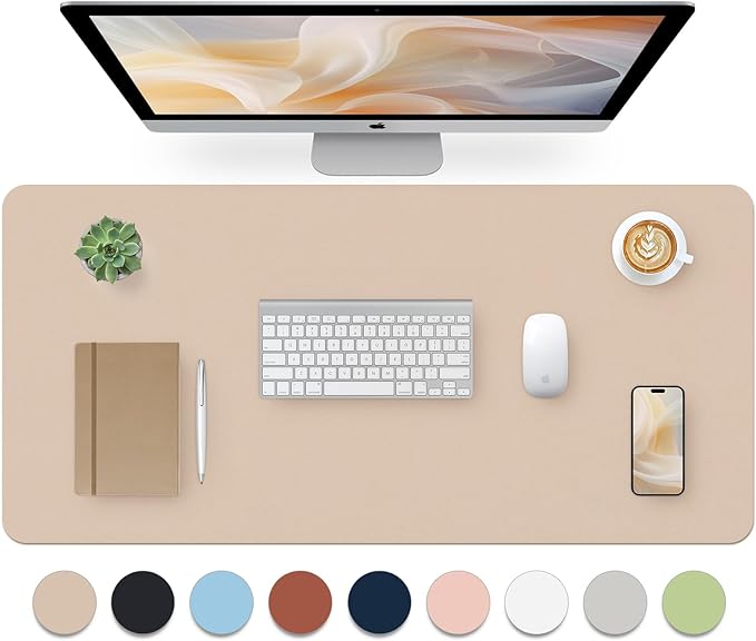 Leather Desk Pad, Large Mouse Pad, Leather Desk Blotter, Non-Slip Desk Pad Protector, Office Desk Pad, Waterproof Desk Mat for Home Office and Decor - Beige (35.4×15.7 Inches)