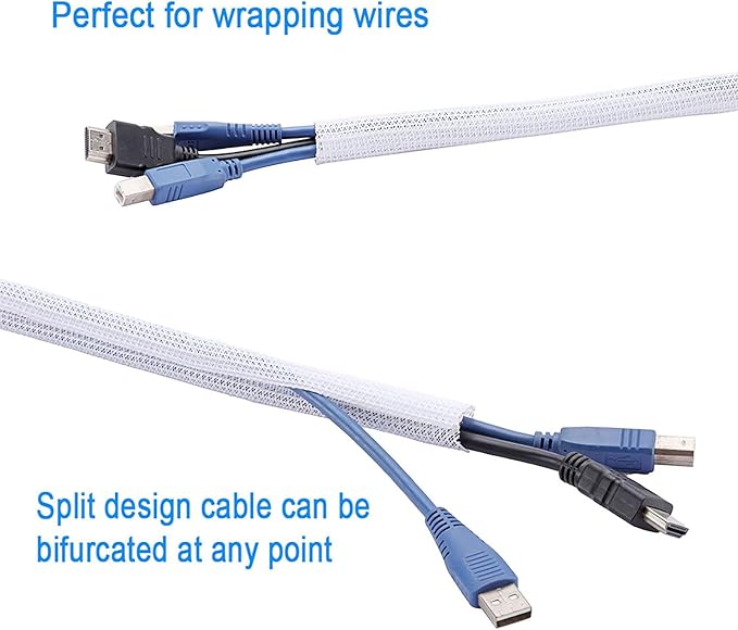 QCSIW 1/4" x25ft Split Sleeve Wire Loom Tubing - Cat-Proof Cord Protector for USB, Power, Audio/Video Cables | Chew-Resistant Cable Sleeve | Easy Install, White