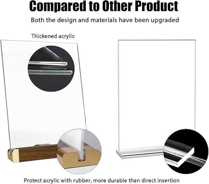 8.5 x 11 Menu Holder, Acrylic Table Menu Stand, Classic Wooden Sign Holder, Double Sided Display Table Top Paper Holder, for Bar, Cafe, Restaurant, Store, Certificate, Document (Vertical, 6pack)