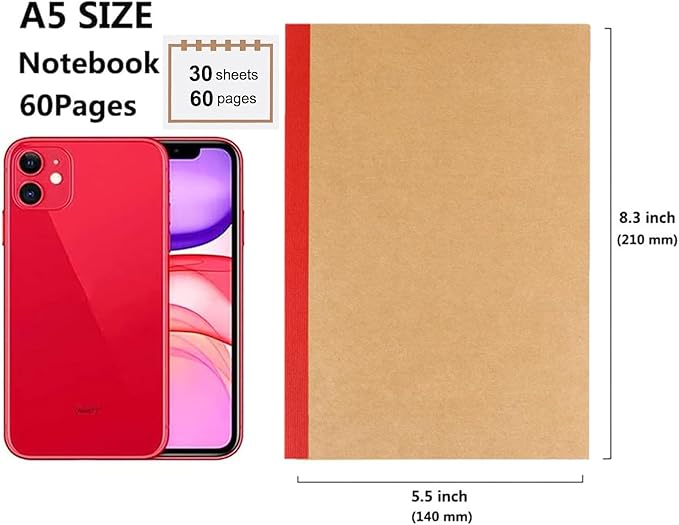 Zegrox A5 Notebook Bulk, 48 pack Kraft Cover College ruled Travel Journals with Pastel Color Spine for Students Office, 60 Lined Pages, 8.3”x 5.5”